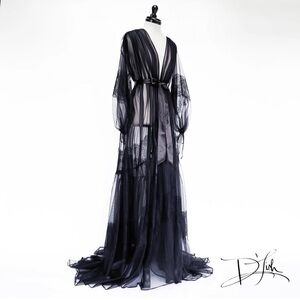 Catherine D’Lish"Elisabeth" Sheer Dressing Gown w/ Lace, Black